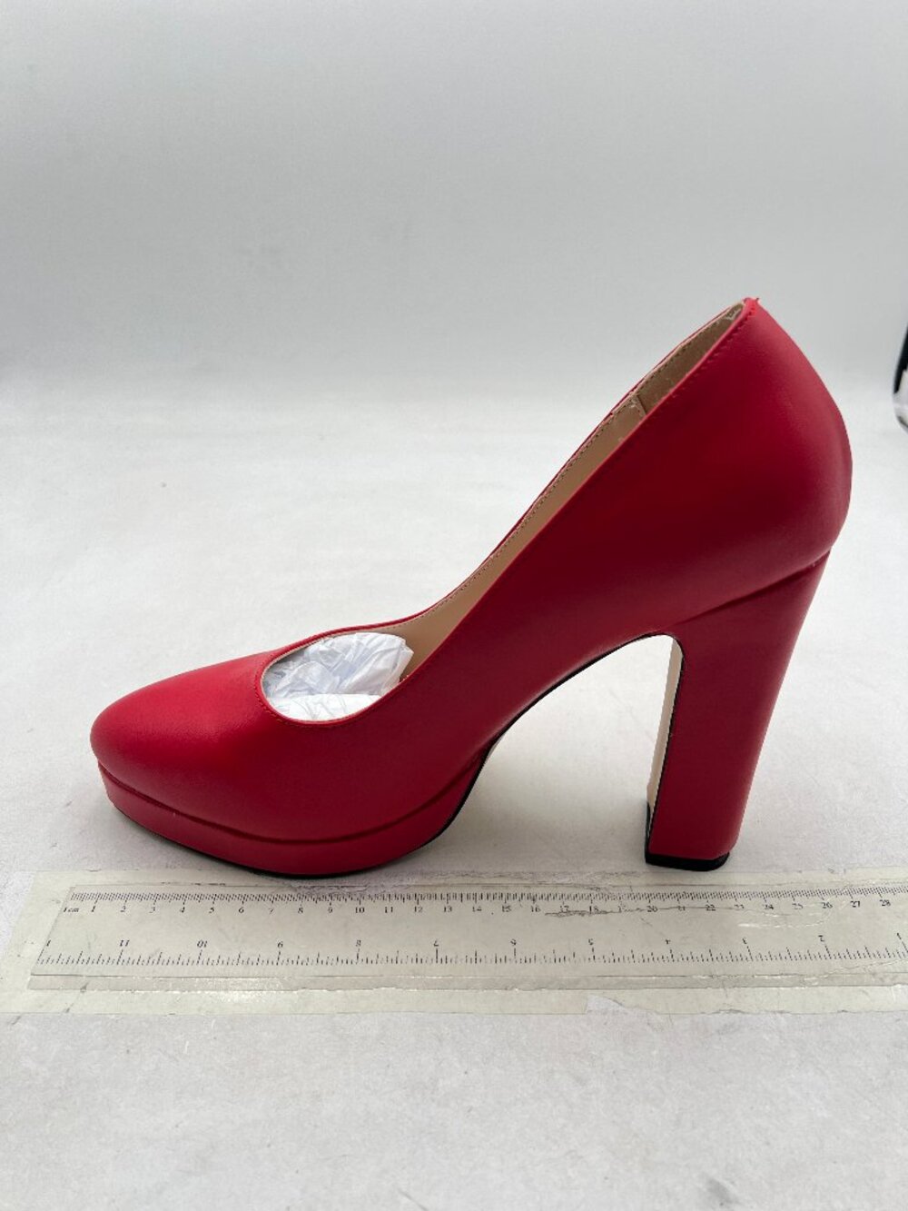 miss left Red Low Platform Chunky High Heel Slip On Closed Round Toe Pump